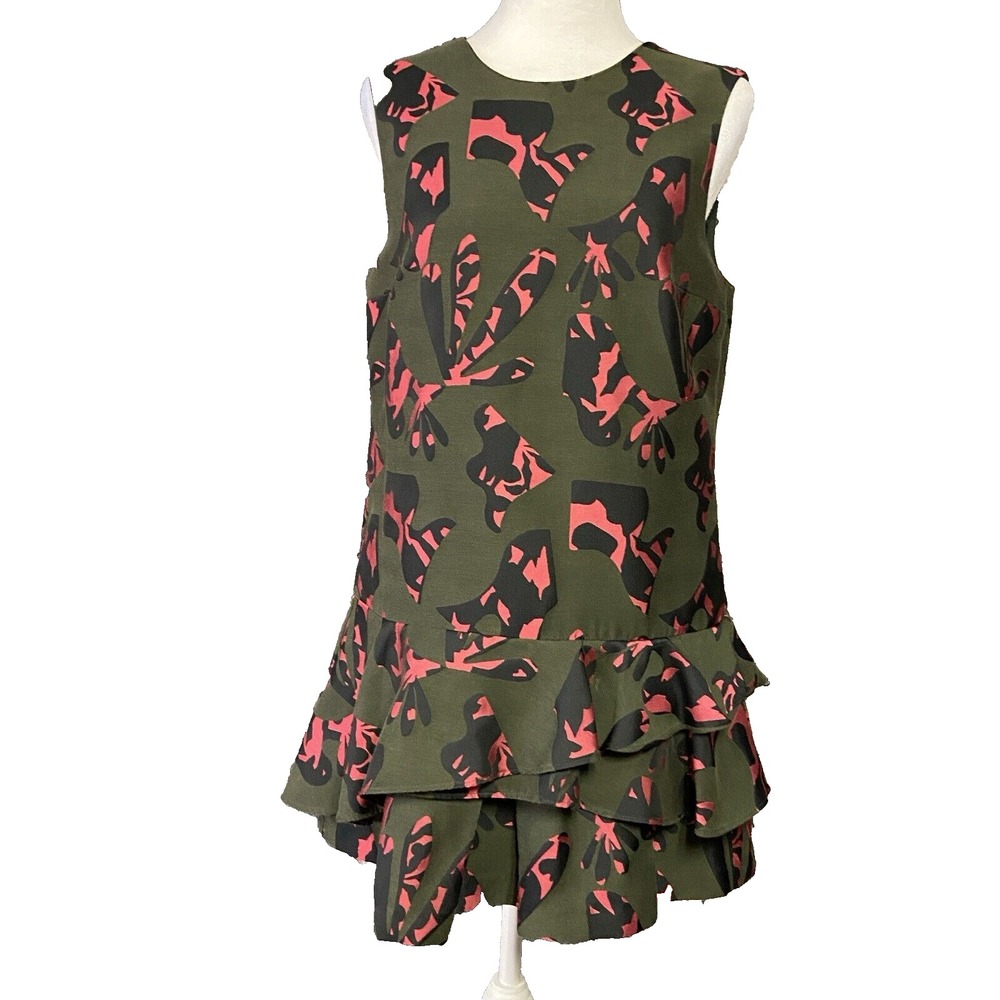Banana Republic Dress Womens‎ 8 Green Pink Abstract Ruffle Hem Sleeveless Shift